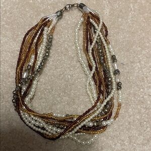Multi-Strand Brown, Gold & Pearl Beaded Necklace - Women Jewelry